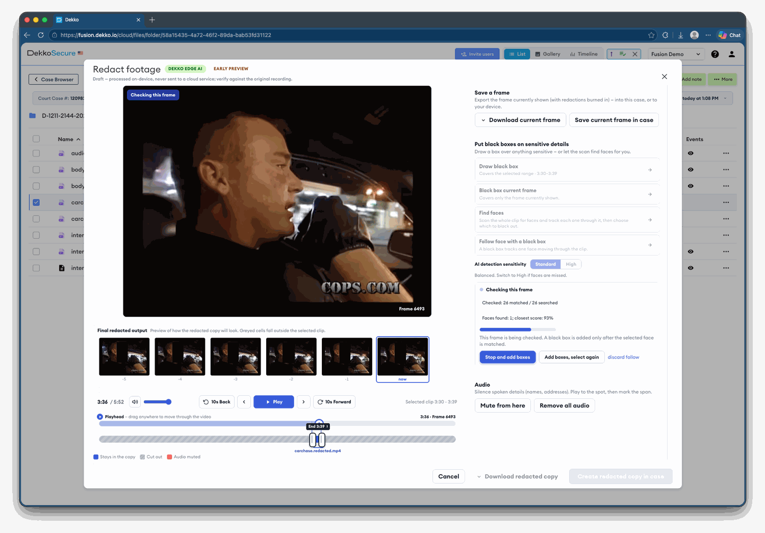 DekkoDEMS AI face detection following a face through footage with a tracked black box
