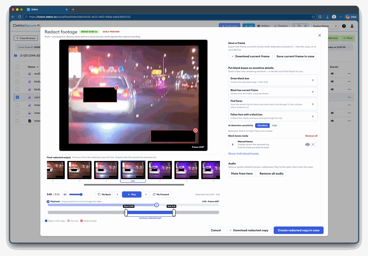 DekkoDEMS redaction editor with black boxes on footage, clip trimming timeline and audio muting