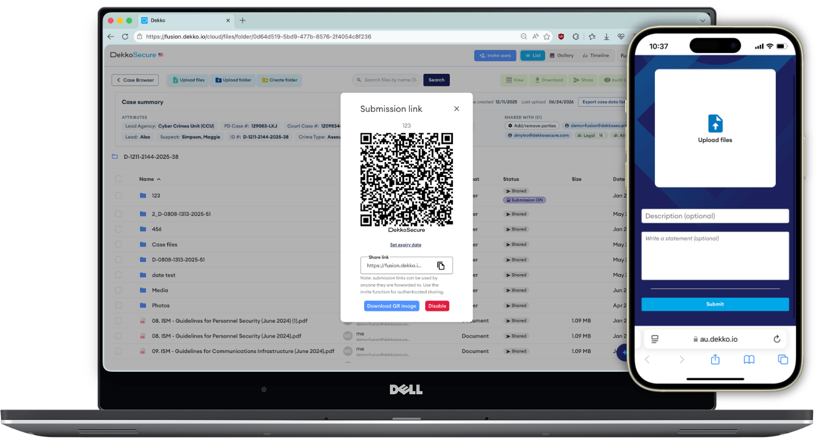 A DekkoDEMS case showing a submission link and QR code, beside a phone showing the mobile upload screen
