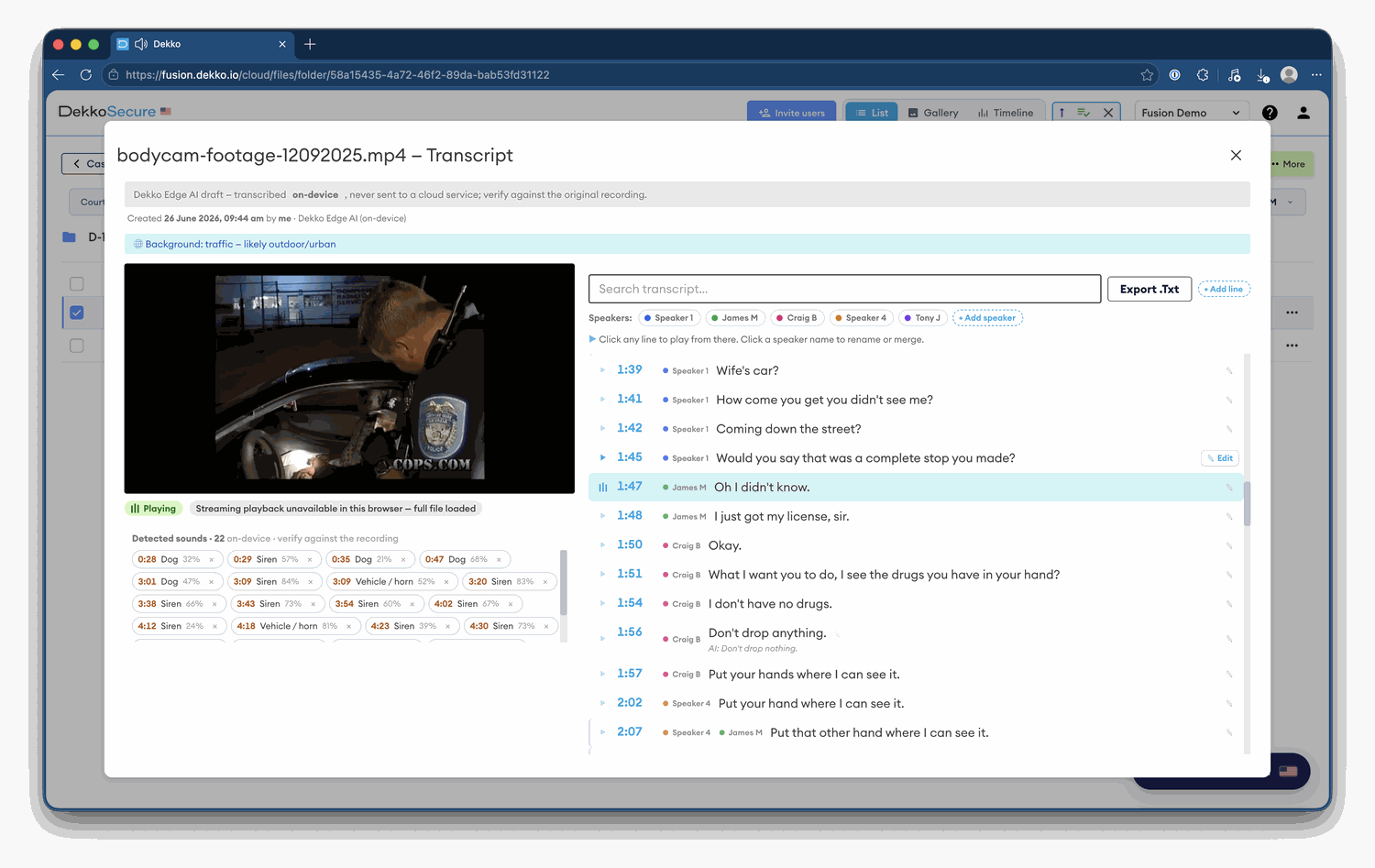 DekkoDEMS transcript viewer showing a timestamped, speaker-attributed transcript with in-app playback